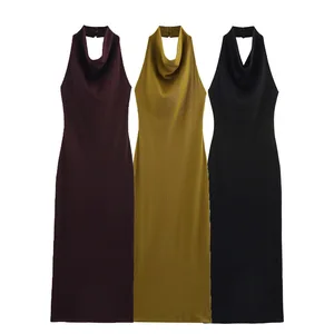 Spring Women's 2026 New Fashion Halter Neck Midi Dress Retro Halter Neck Sexy Elegant Female Dress