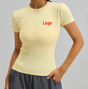 Custom Logo Print Slim Fitness Women Sports Top Solid Color High Elastic Outdoor Running Training Yoga Short Sleeve Shirts