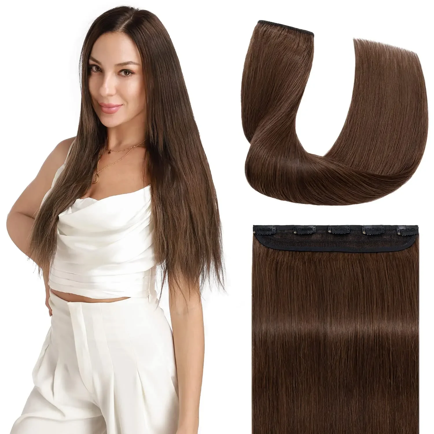 One Piece Clip in Hair Extensions 5 Clips 100 Remy Human Hair 16 26 Inch 3 4 Full Head Thick Soft Silky Straight 4 Dark Brown_voghion.com