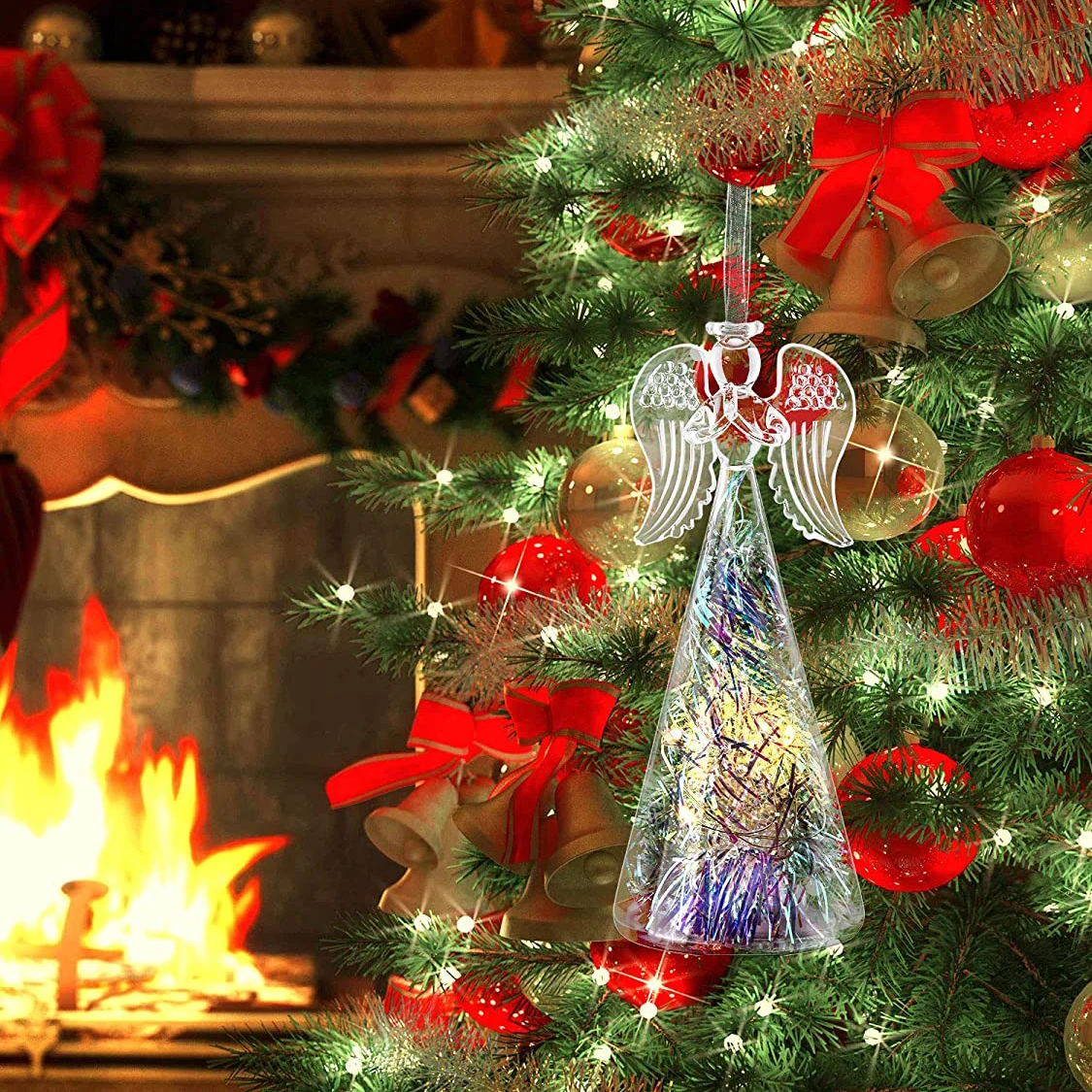 ホリデーガラスLED照明付きクリスマスエンジェルデコレーション装飾