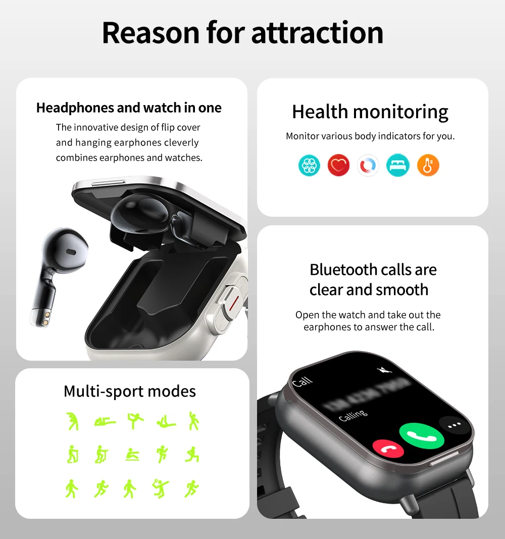 Popular New 2-in-1 Smart Watch Bluetooth TWS Earbuds 2-Inch Full Screen Touch GPS Heart Rate Sport Wristband Health Monitoring