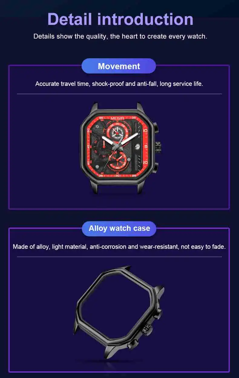 MEGIR 8106 Casual Leather Men's Watches Fashion Square Business Wristwatches Relojes Hombre Luminous Quartz Watches Custom LOGO