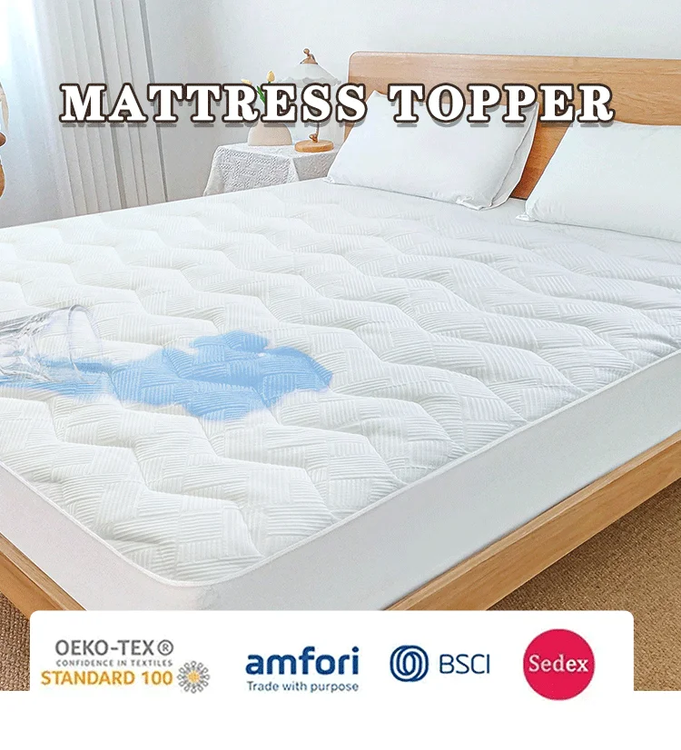 High Quality White Stripe Bed Mattress Cover Waterproof Quilted Mattress Protector Topper manufacture