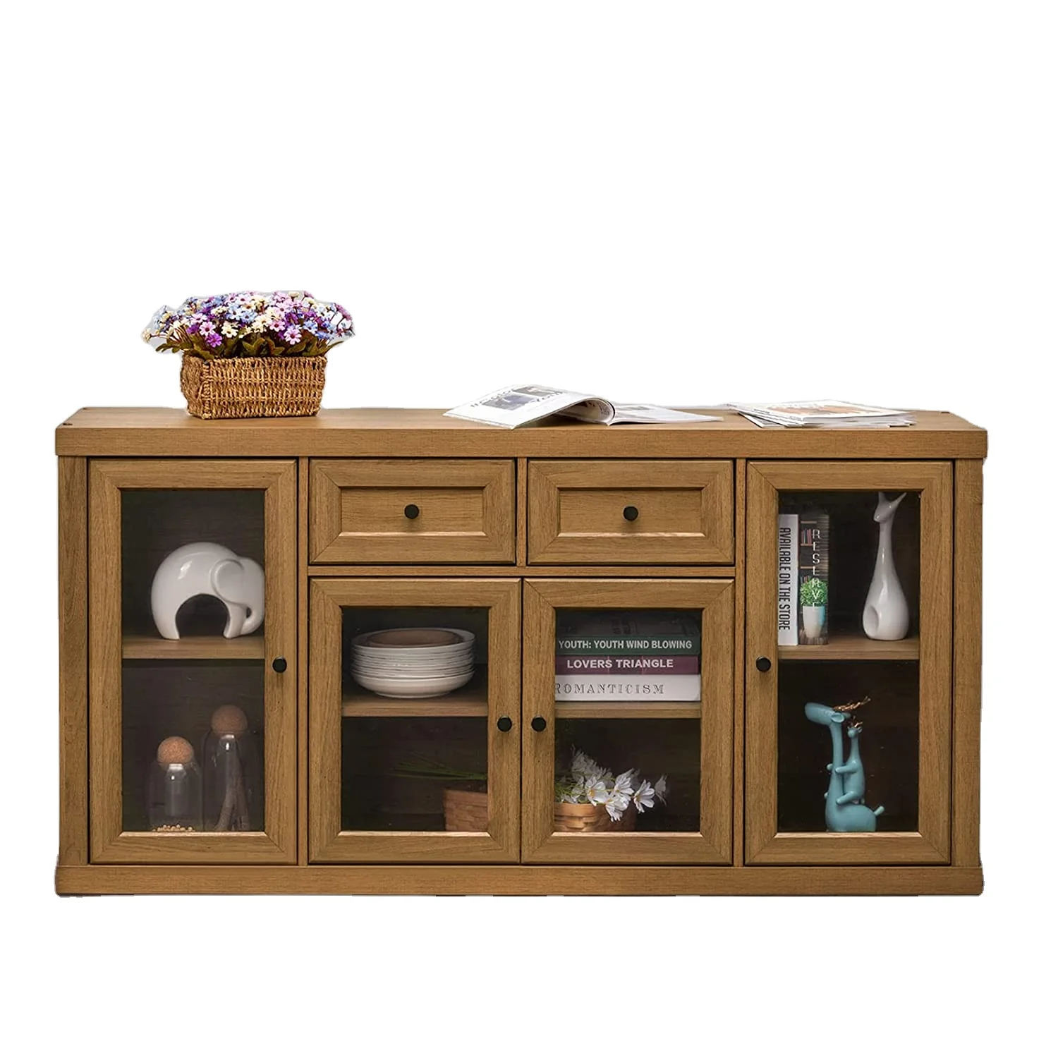 2022 Modern  Kitchen Sideboard  Buffet Storage Cabinet With Glass Doors in Brown