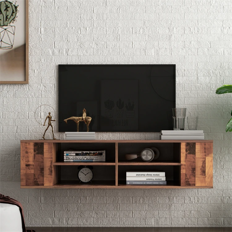 Center Table Tv Units for Wholesale New Design Cement Color LED TV Stand Media Console Cabinet with Bookshelf Media