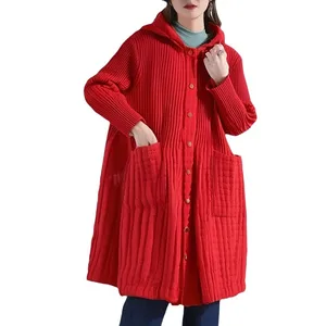 2024 New Women's Mid-Length Coat with Pleated Hood High Quality Button Closure Casual Style Print Coat for Party Cotton Filling