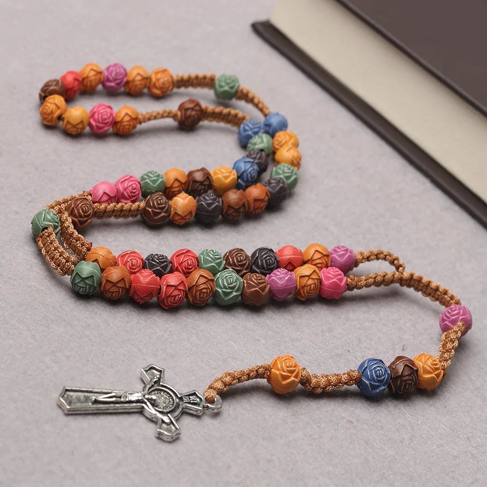 Religious Rosary Charm Colorful Necklace with Flower Plastic 10mm Bead Alloy Cross Jesus Christian Prayer Beads for Catholicism