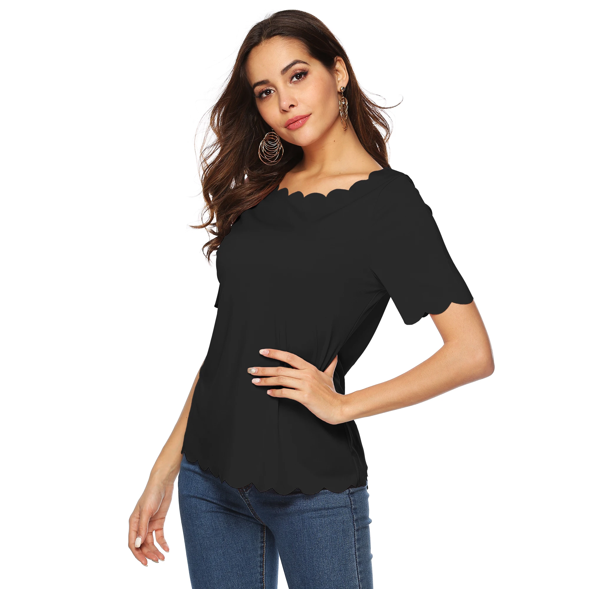 Blusa informal de manga corta para mujer, blusa sencilla con - Main Image