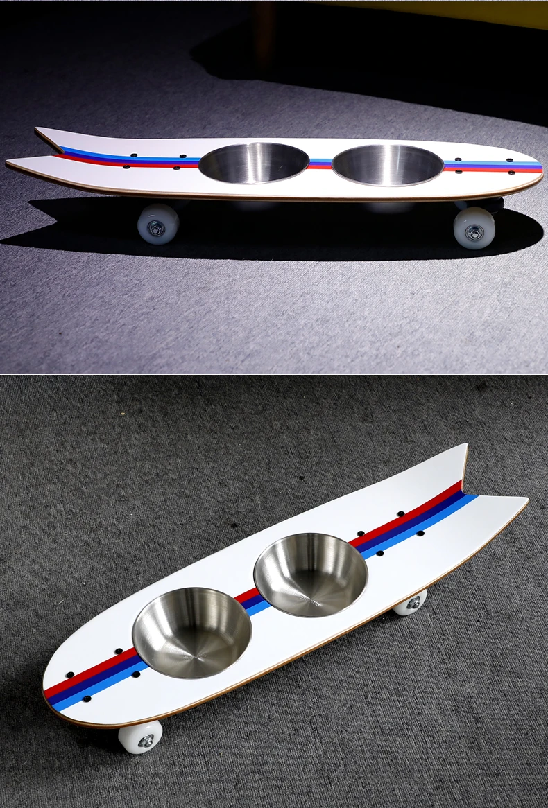 Pet Double Bowl Skateboard-shaped Bowl New Cat and Dog Feeder Stainless Steel Pet Bowl supplier
