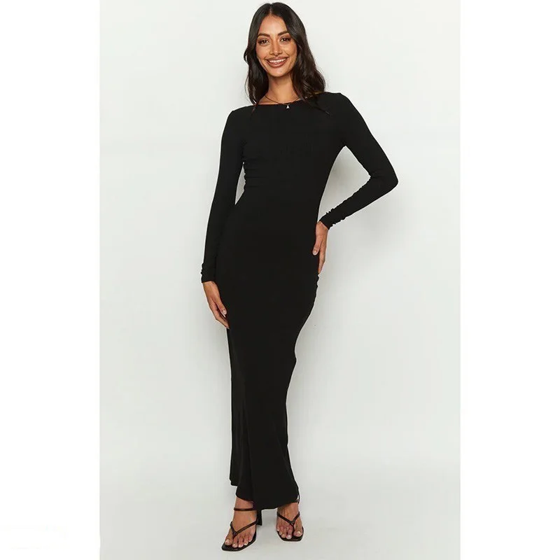 Hot Sale Black Long Sleeve Round Neck Slim Skinny Back Cut-out Tie Waist Maxi Dress Hot Sale Black Long Sleeve Round Neck Slim Skinny Back Cut-out Tie Waist Maxi Dress