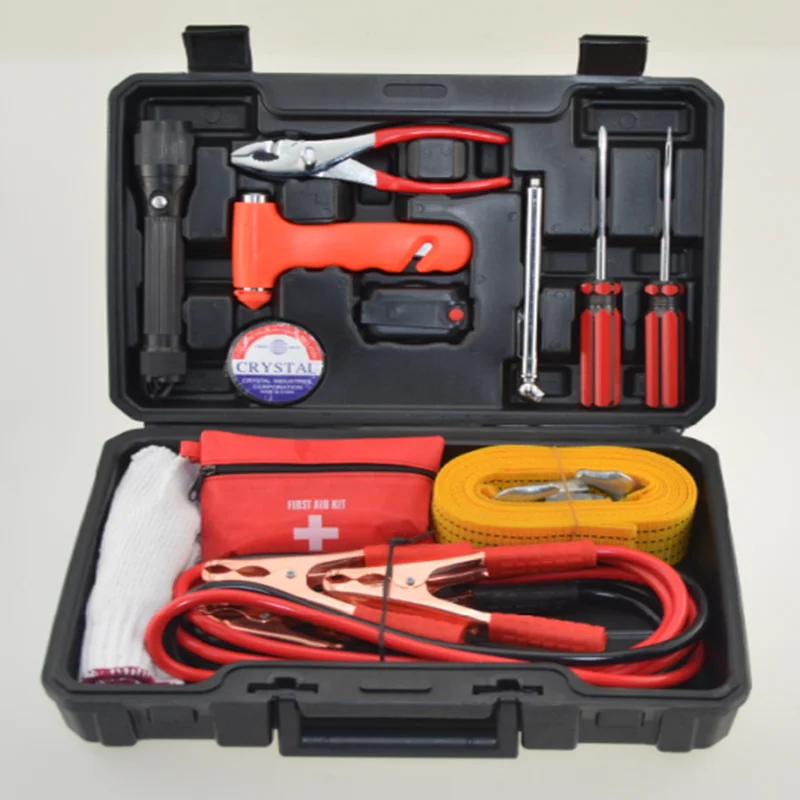 Auto Car Emergency Tool Kit Tool Box Air Pump Booster Cable Tow Rope with Flashing Warning