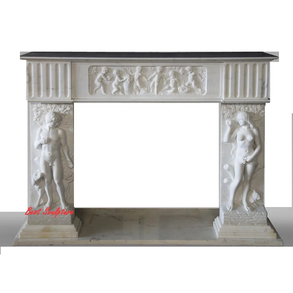 hand carved flower carving beautiful white marble fireplace mantel sculpture for sale