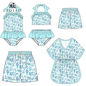 LIQIAO Custom Kids Swimwear and Beachwear Set Seahorse Print Ruffled Swimsuit & Cover-Up Bikini OEM Low MOQ