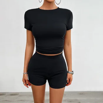 Women's Casual 2 Piece Set Summer Crew Neck Short Sleeved T-Shirt and Shorts Slim Fit Lounge Wear Outfits