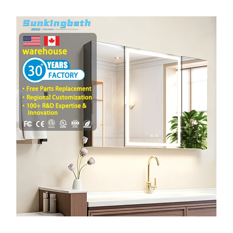 Illumination Smart Mirror Cabinet Three Door Demister Dimming Wall-mounted LED Bathroom Medicine Cabinet with Light for Hotel