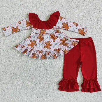 RTS Kids Christmas Clothes Baby Girl Ruffle Red Pants Long Sleeve Cartoon Back Bow Clothes Set Children Boutique