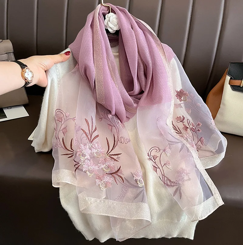Wholesale Premium Embroidery 100% Pure Silk Scarf In Stock Elegant 