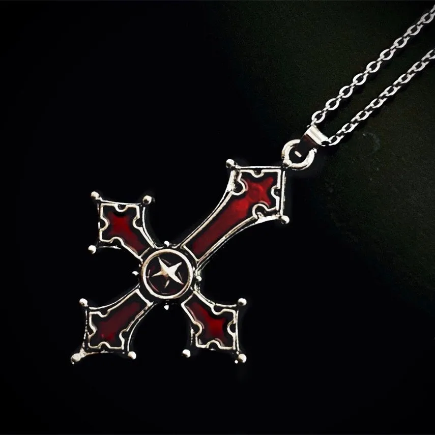 Punk Blood Red Gothic Inverted Cross Pendant Necklace