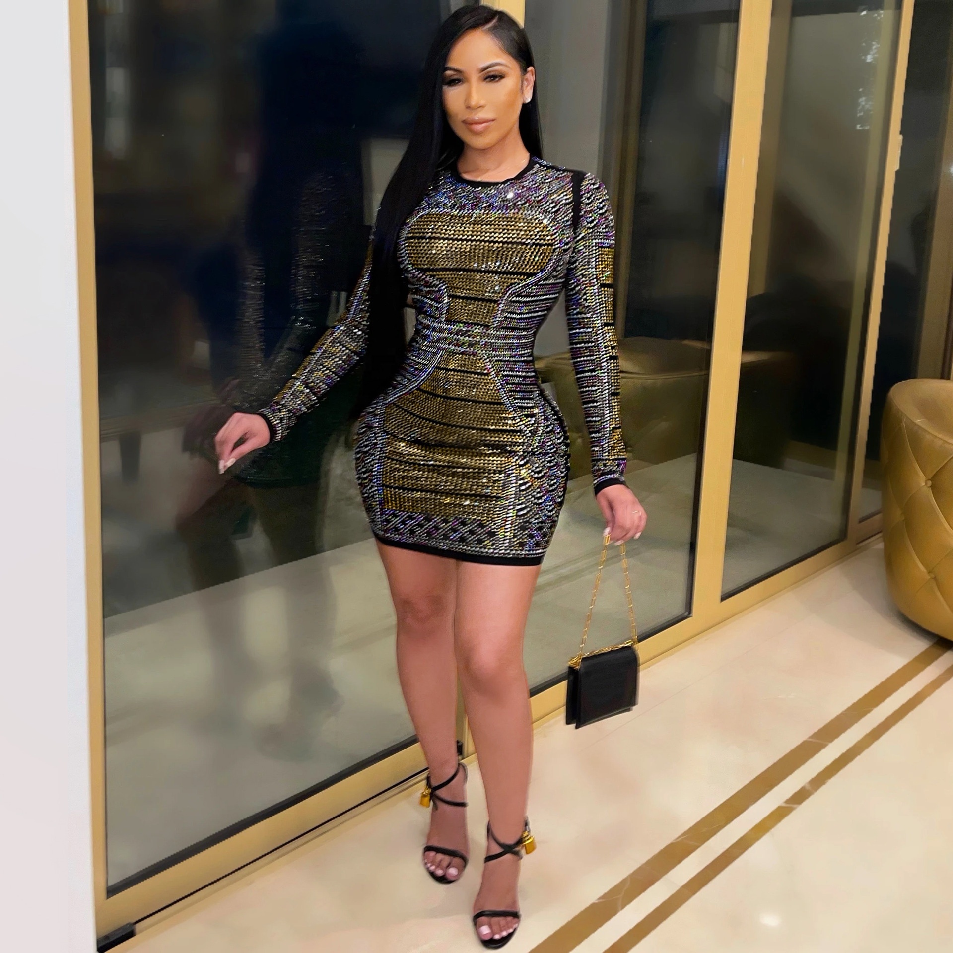 Новинка 2021 тренд Прямая поставка летние и осенние женские Роскошные платья с длинным рукавом горячее тиснение блестящие со стразами для ночного