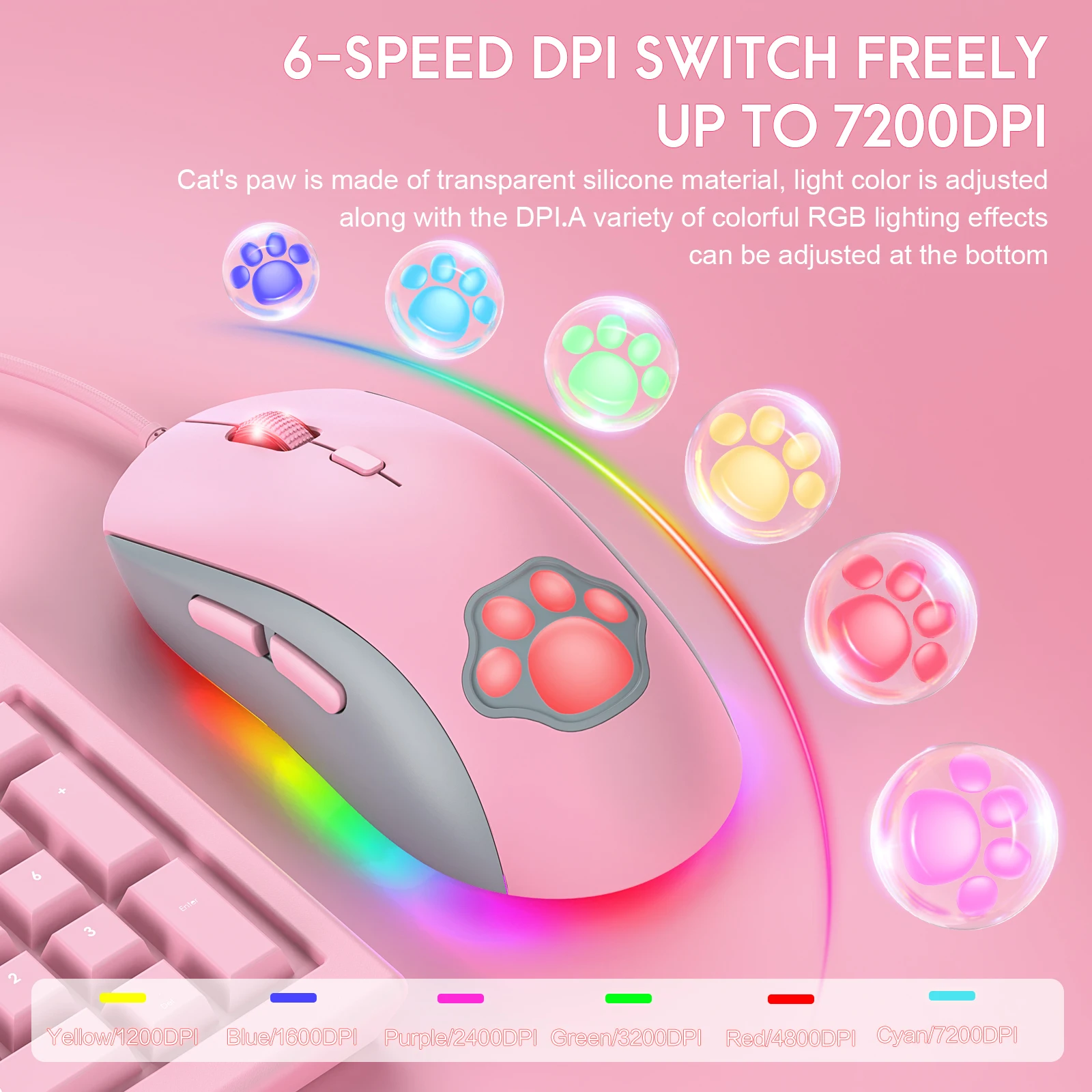 Onikuma Cw918 Cat Paw Gaming Mouse 7 Color Rgb 7200dpi Breathing Led