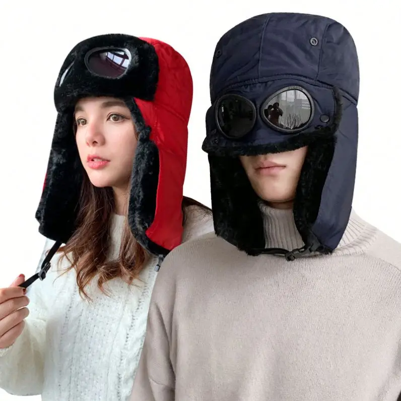 Newest Waterproof Russian Style Aviator Trooper Hat with Glasses Ski Windproof Earflap Faux Fur Winter Hat for Eye Protection