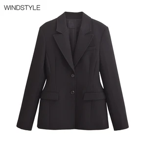 Women's Fashion Style Blazer Single Breasted Slim Fit Suit with Shoulder Pad and Button Decoration Woven Pattern