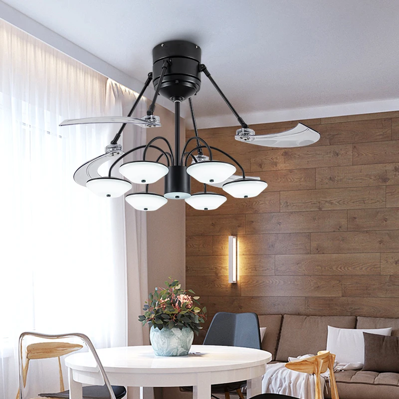 Modern Remote Control Hidden Wings Fan Simple Design 6 Head Lights Acrylic 50hz Household Ceiling Fans
