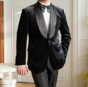 2026 New Men's Black With White Beads Slim Groom Shawl Lapel One Button High Quality Double Vents Suit Jacket for Men