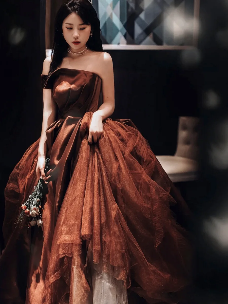 2024 Coffee Color New Design Puffy Chocolate Bridal Wedding Banquet  Performance Dresses