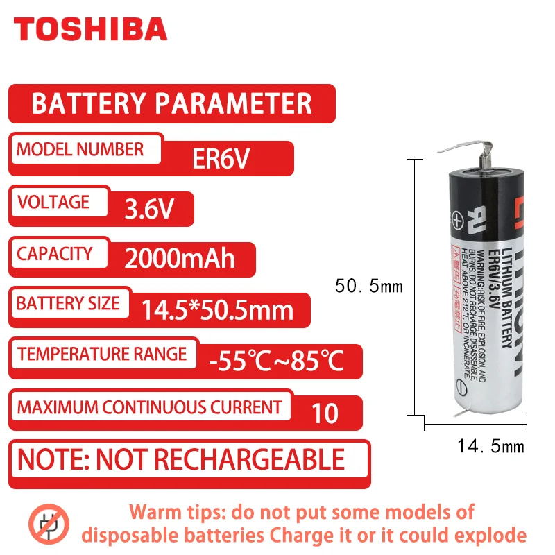 TOSHIBA ER6V 3.6V 2000mAhLi/SOCl2 Lithium Battery Suitable for Omron PLC Industrial Control Servo Programmer