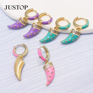 High Quality Women's Tassel Earrings with Full Diamond Zircon Gem Trendy Geometric Shape Colorful Horns Pendant Hoop Made Brass