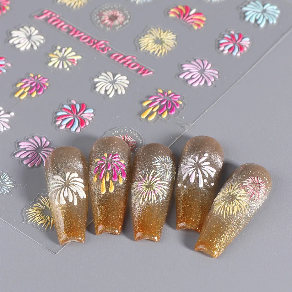 New Year Nail Art Stickers Decorations 5D Fireworks Nail Decals Emboss Nail Art Charms Beauty Products for Women