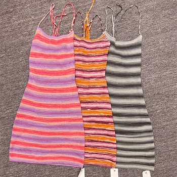 Fashion New Sexy  Knit Halter Dress Striped Colorblocking Beach Party Dress for Women Summer Dress