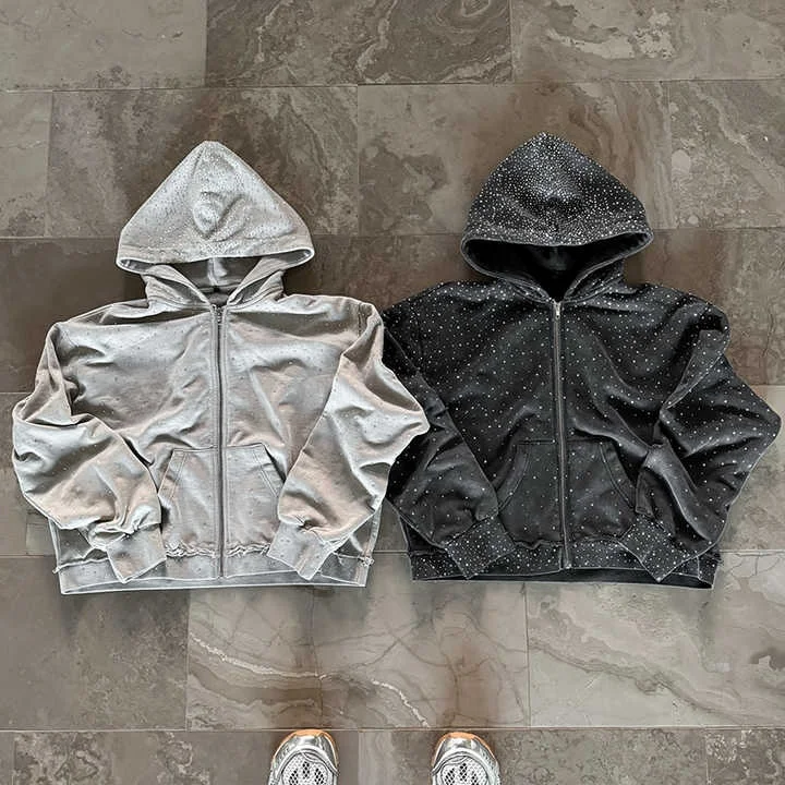 Salati Sweatshirt Men Manufacturer Custom 500GSM Bling Glitter Diamond Rhinestone Print Zip up Sun Faded Acid Wash Hoodie Unisex gallery 3