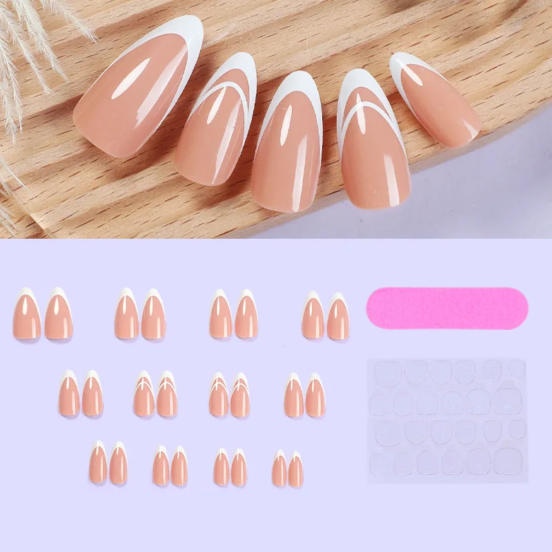 White Almond New Design French Style Machine Half Handmade 24pcs Press on Acrylic Nails Square Pattern for Finger Wholesale