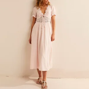 Clothing Factory Oem Customized Short Sleeve Backless Long Casual Boho Dresses Women Solid Color Lace v Neck Elegant Midi Dress
