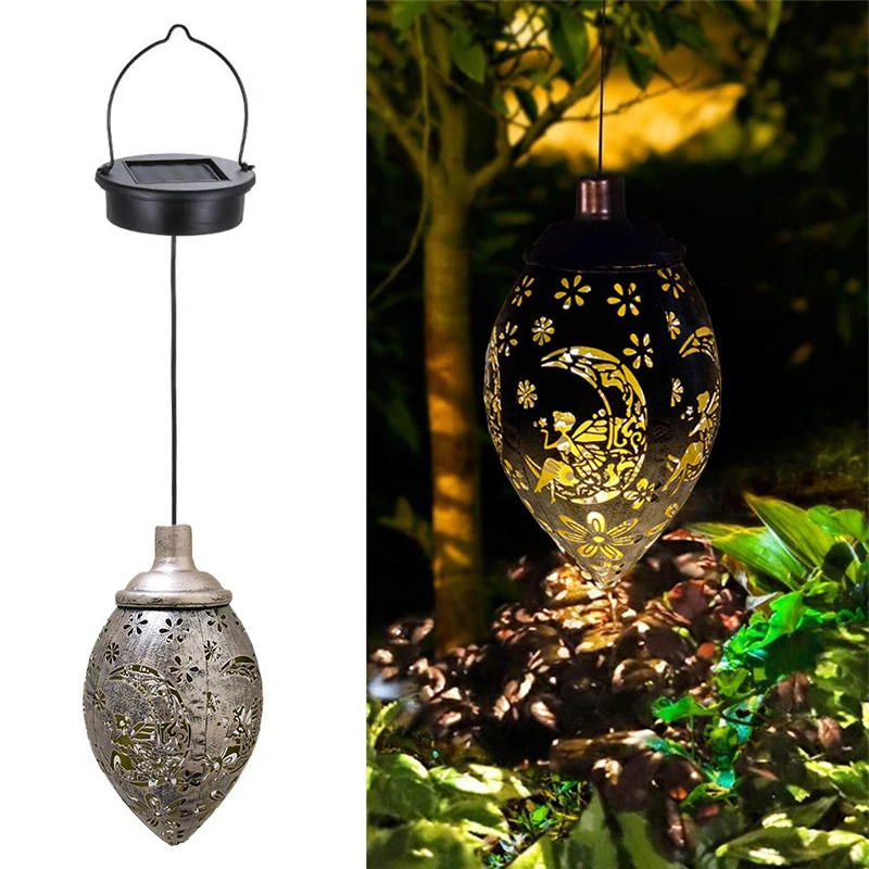 Hanging Solar Lantern Outdoor – Vintage Moroccan Style Waterproof Garden Light, Wrought Iron Shadow Effect, Auto-Charging For Patio, Yard & Gazebo