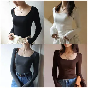 Summer Women's square Neck Ribbed Fabric Base Shirt Black Fashionable Casual T-shirt