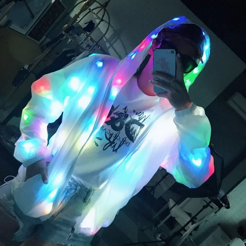Mens LED Flash Light Up Rave Jacket Outwear Baseball Hoodies Sport Party Costume 
