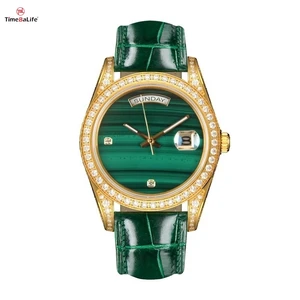 OEM Customized Pure Natural Malachite Quartz Watch Men's Luxury Full Diamond Stainless Steel Case Green Leather Watch