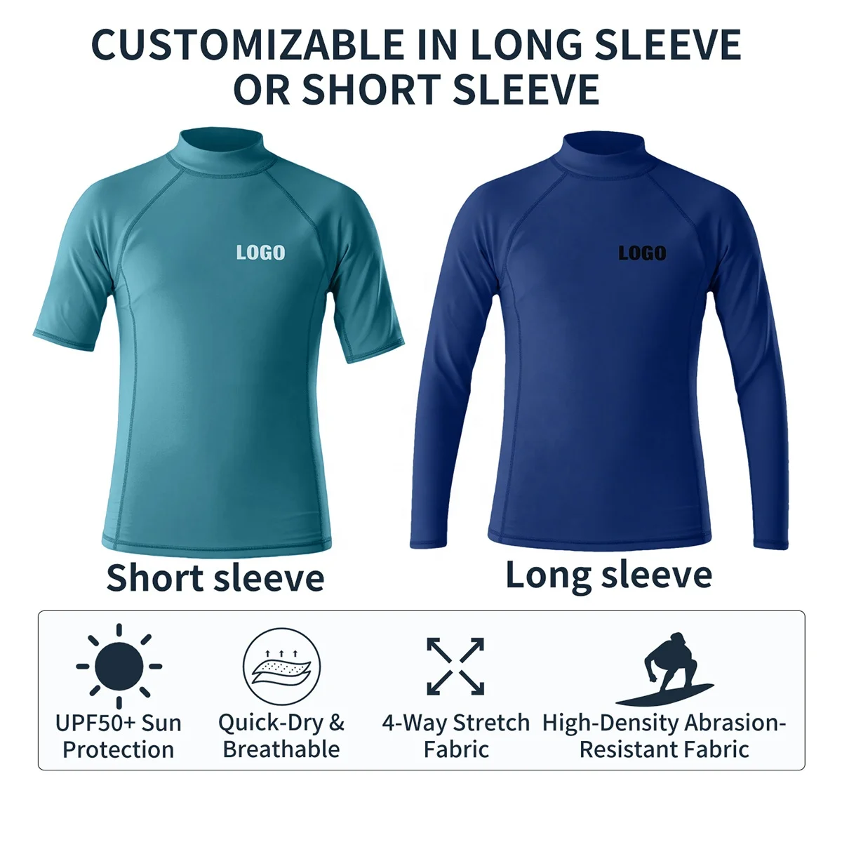 UPF 50+ 자외선 차단 기능의 빠른 건조 래시 가드 반팔, 맞춤형 서핑 수영 래시 가드, 해변 및 워터 스포츠 패들 보드용 흰색