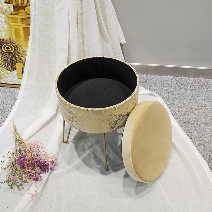 HStex Luxury Sequins Folding Velvet Gold Metal Legs Stool Modern Chair Seat Mirrored Ottoman