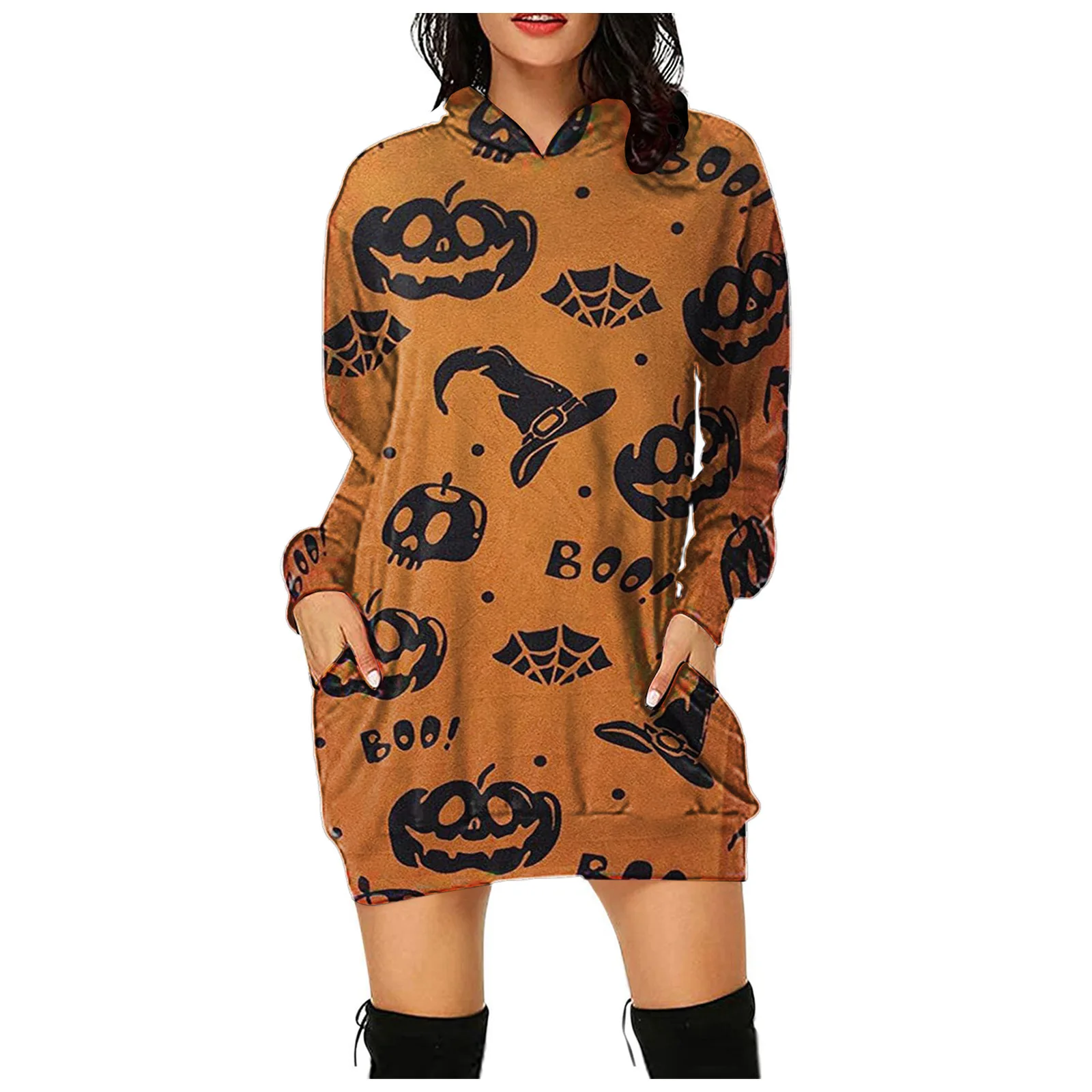 Plus Size Ladies Halloween Hooded Pumpkin Sweater Long Casual Fun Halloween Sweater