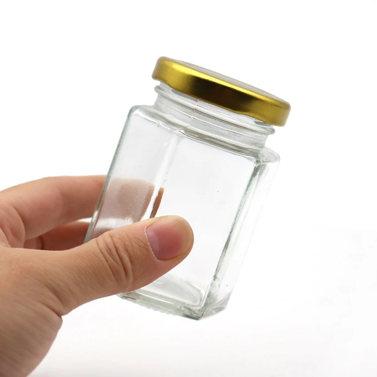 Custom 100ml 120ml Hex Food Jam Sauce Storage Glass Bottles Clear Hexagonal Glass Honey Jar with Tinplate Lid