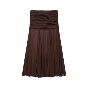 2026 Women's Summer Chic Fashion Vintage High Waist Midi Skirt Semi-Transparent Pleated Design Breathable Ruched
