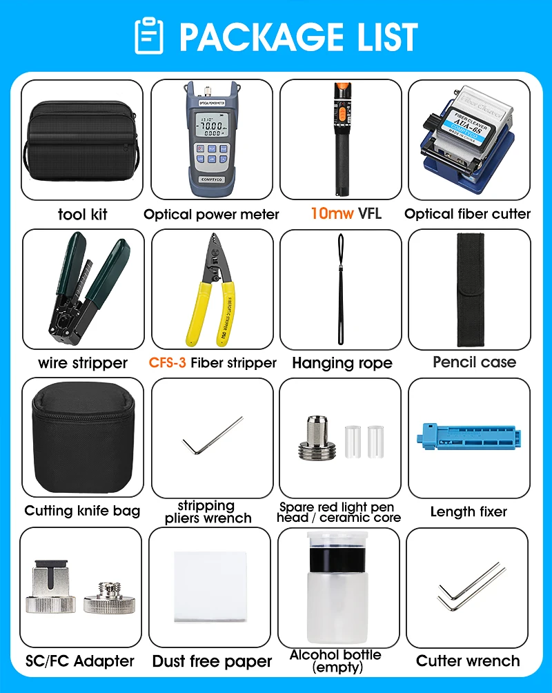 COMPTYCO 16pcs FTTH Fiber Optic Tools Kit with Fibra Optica Power Meter Visual Fault Locator fiber cleaver Kit de fibre optique manufacture