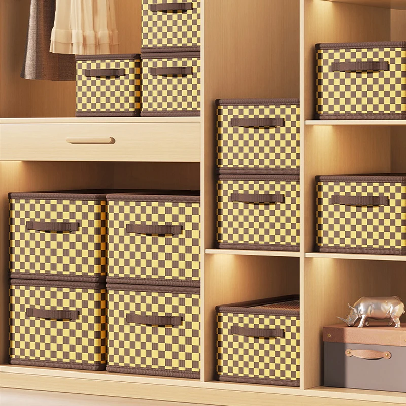 Checkered Thickened Storage Basket with Handles Collapsible Storage Box for Clothes Foldable Organizers Closet Accessories