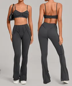 Lightweight 2Pcs Customized Solid Pattern Bra Workout Sportswear Tight Fitting Flare Pants Yoga Set for Women Gym Fitness Suit
