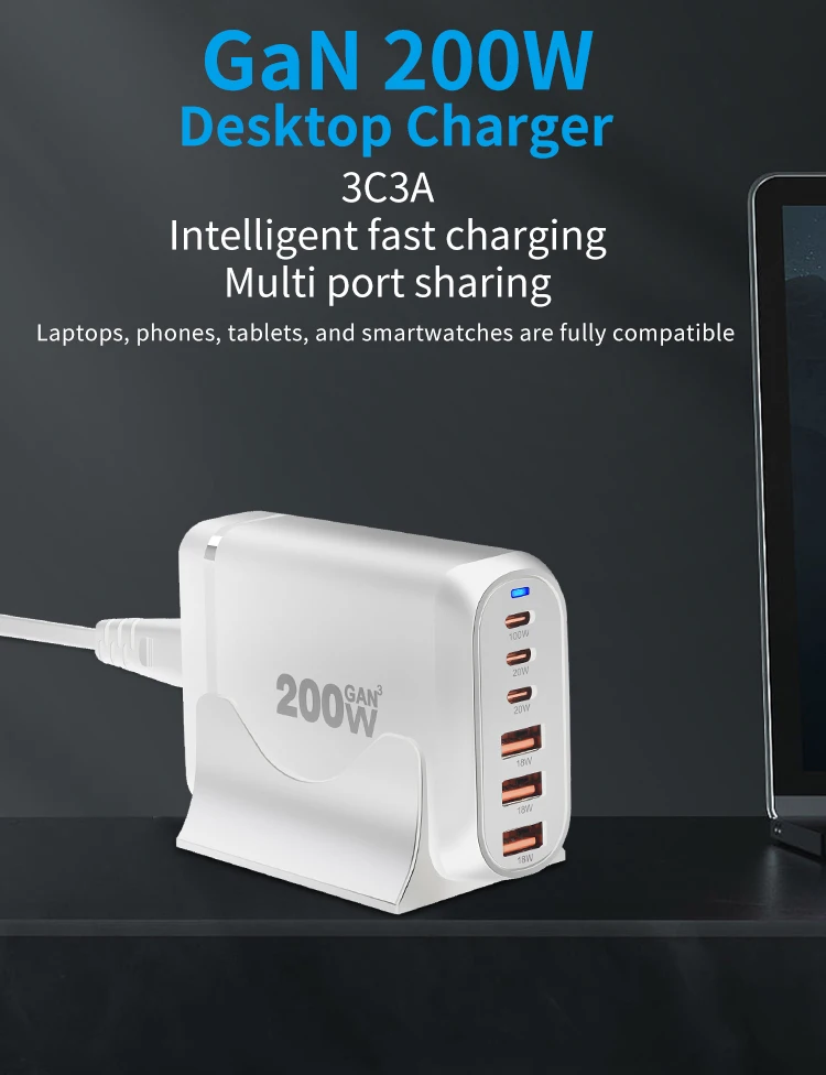 200W USB C充电器C型PD 100W GaN快速充电多6端口台式机充电器站,适用于iPhone iPad平板电脑和笔记本电脑