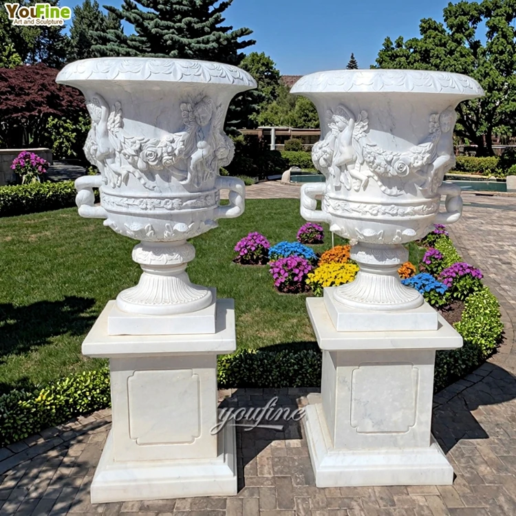 Carved White Garden Marble Flower Planters - Elegant & Durable